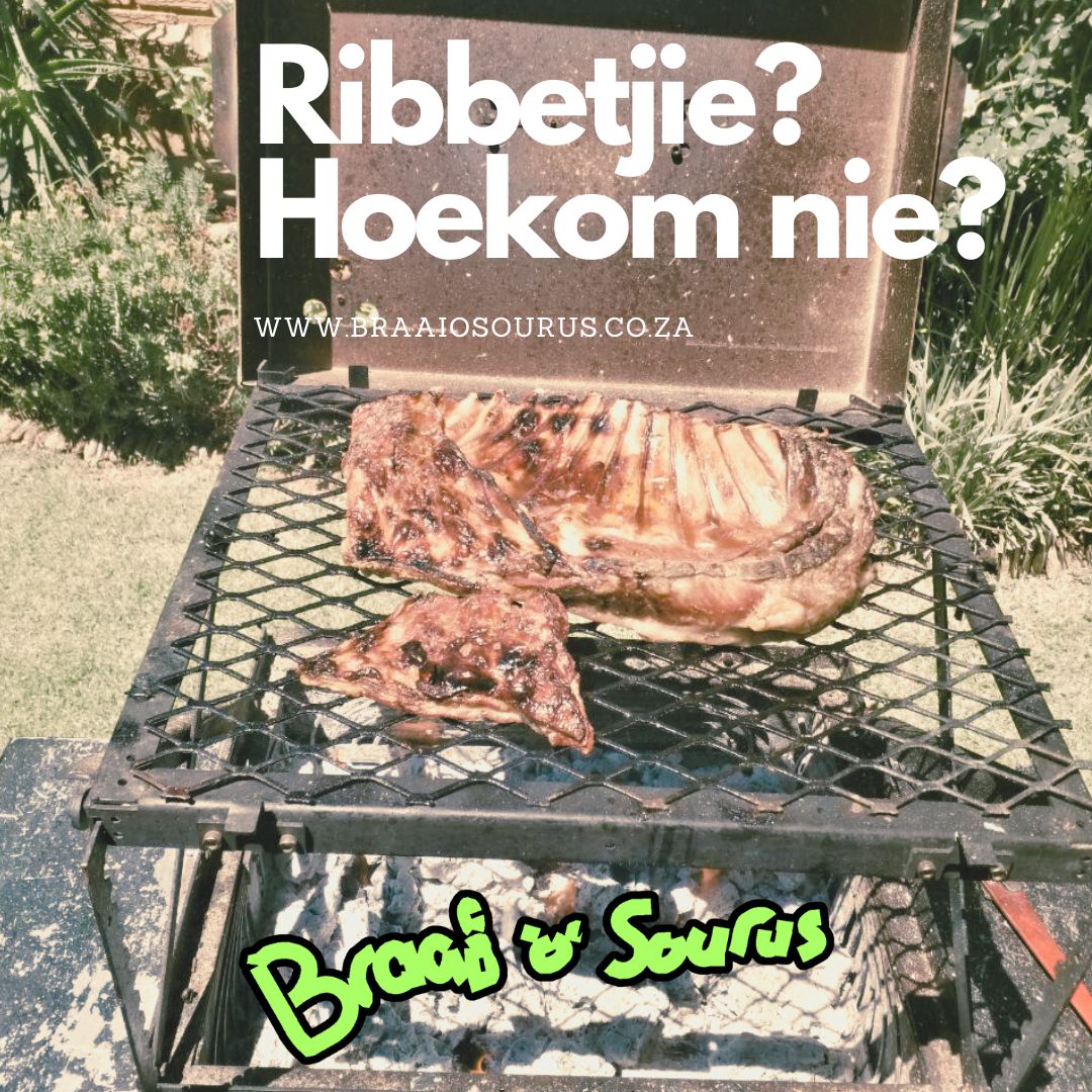 'n Braaiosourus braai met 'n skaap ribbetjie op die rooster