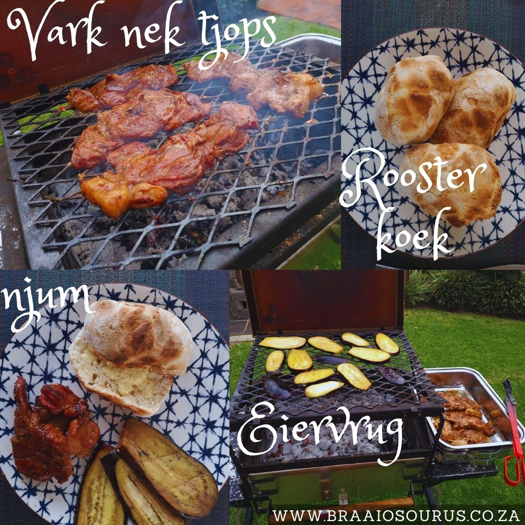 'n Braaiosourus braai met roosterkoek en vark nek tjops.