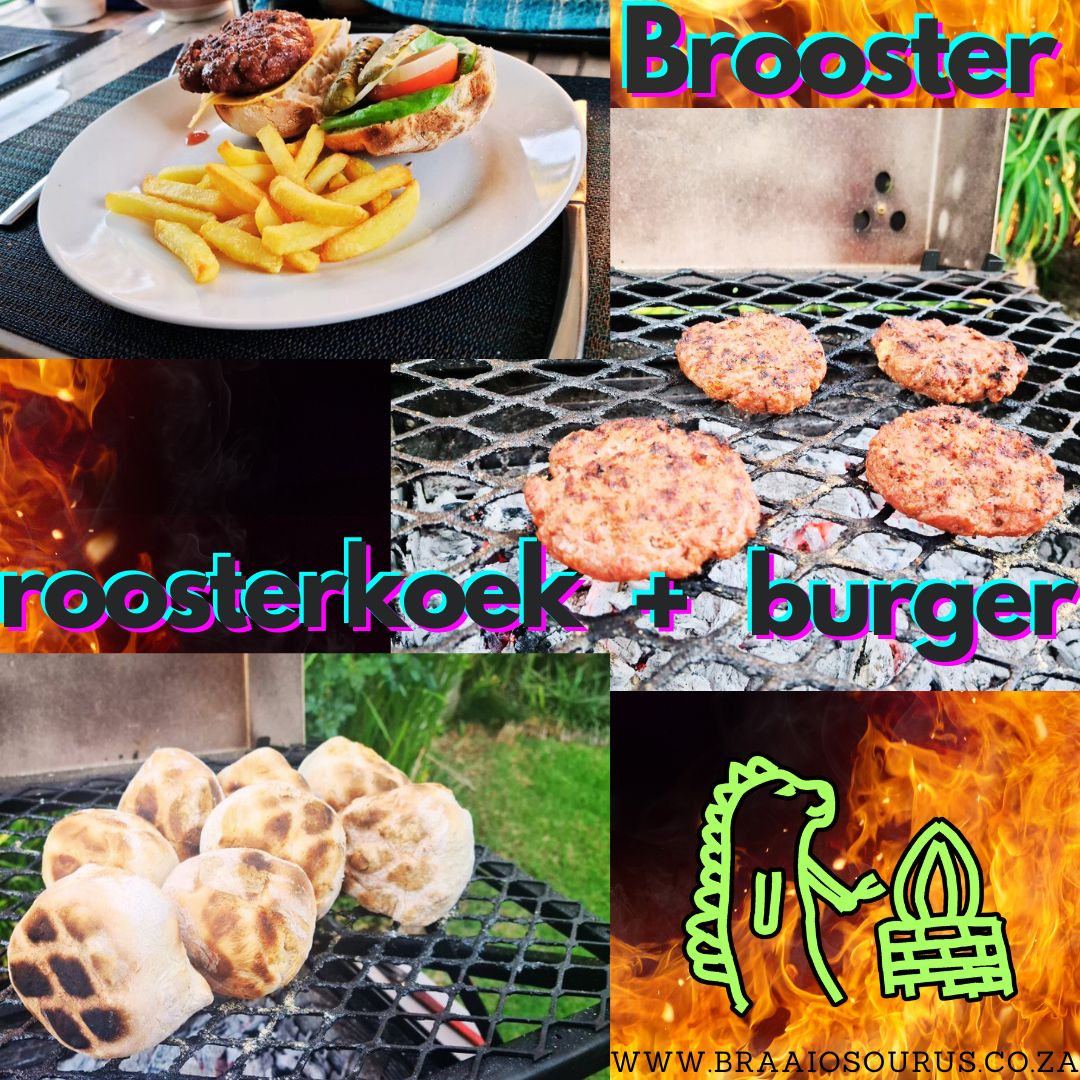 'n Braaiosourus braai met roosterkoek burgers.