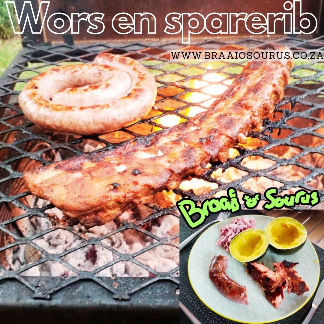 'n Braaiosourus braai met boerewors en 'sparerib', vark ribbetjie.