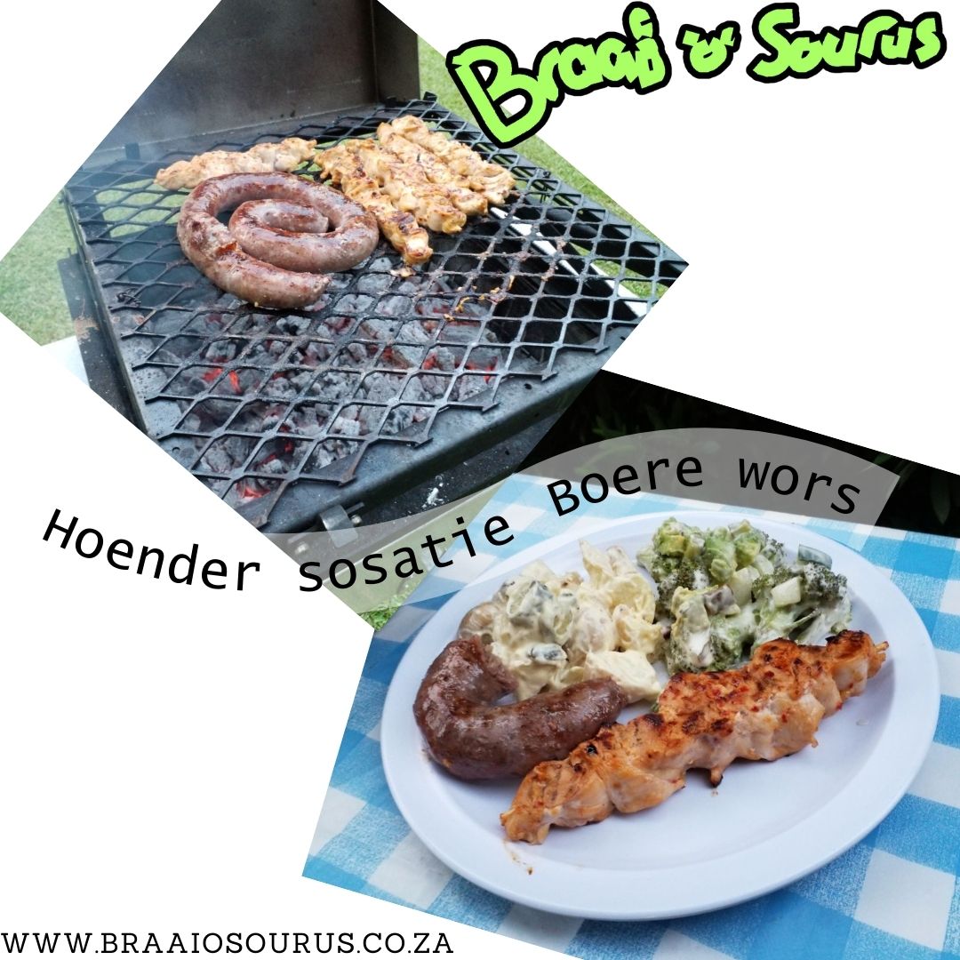 'n Braaiosourus braai met hoender-sosaties en boerewors.